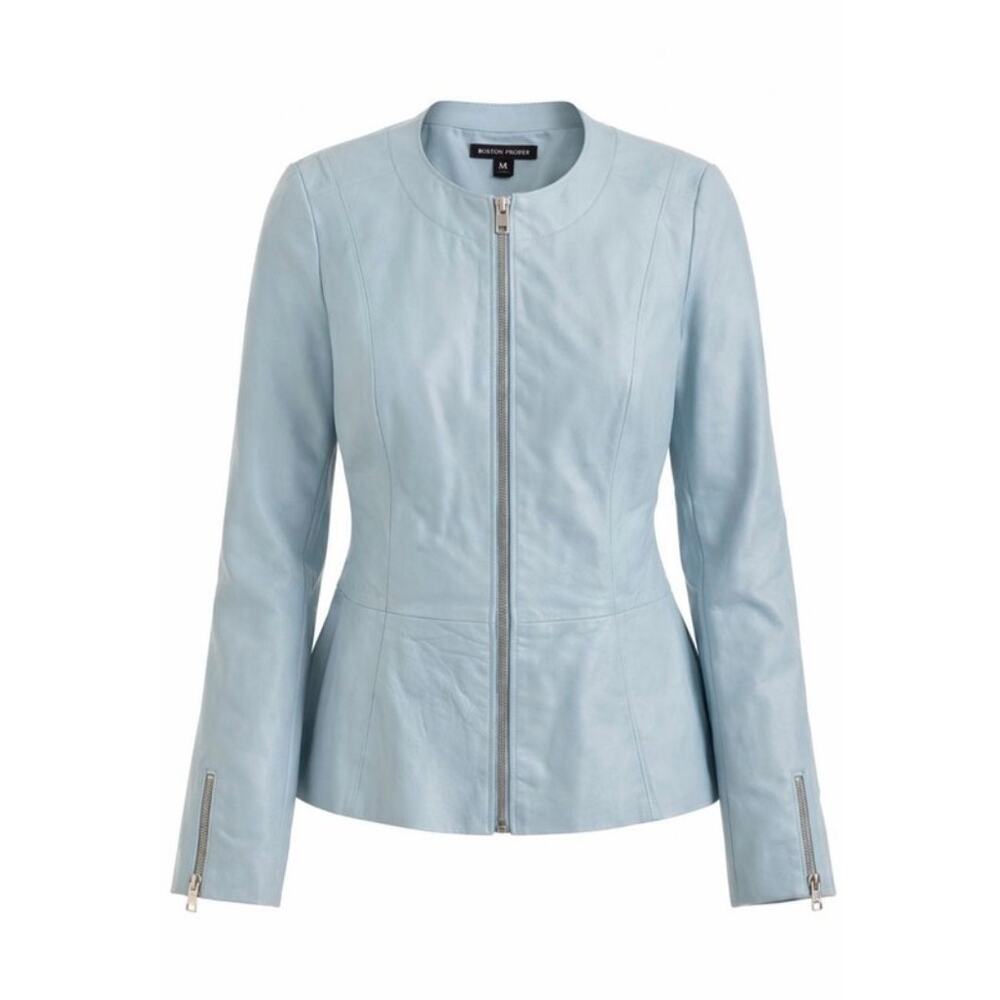 Boston Proper Collarless Peplum 100% Leather Spring Summer Jacket Aqua Small